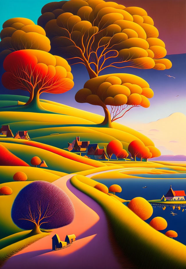 Colorful Stylized Landscape with Whimsical Trees and Coastal Village