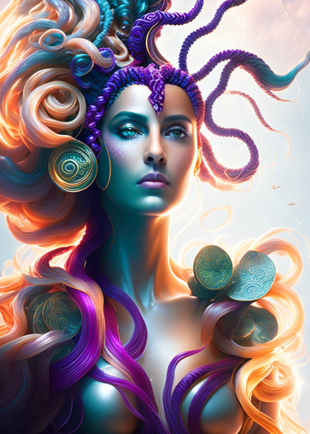 Vibrant multicolored hair and skin with seashell and tentacle adornments