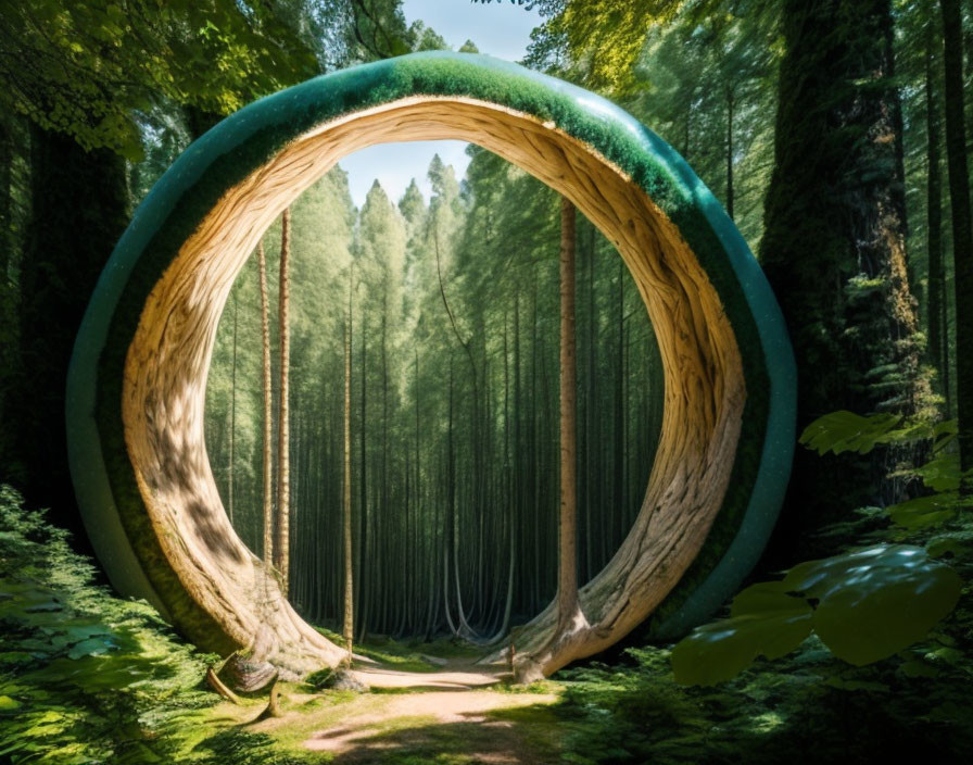 Surreal image: giant wooden ring portal to lush forest