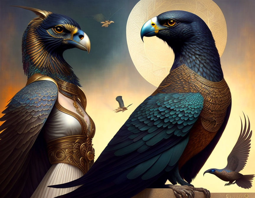 Anthropomorphic eagles in human-like armor against golden sky