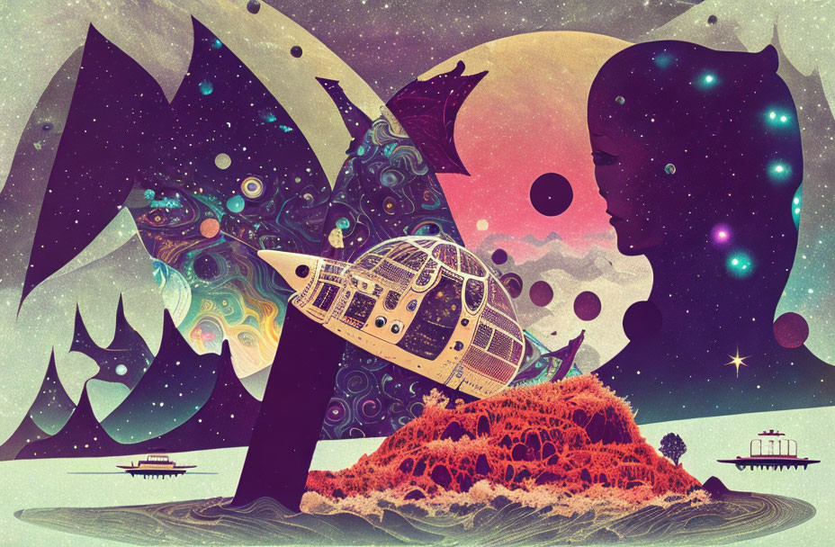 Psychedelic space scene with spaceship, woman's face, and celestial bodies