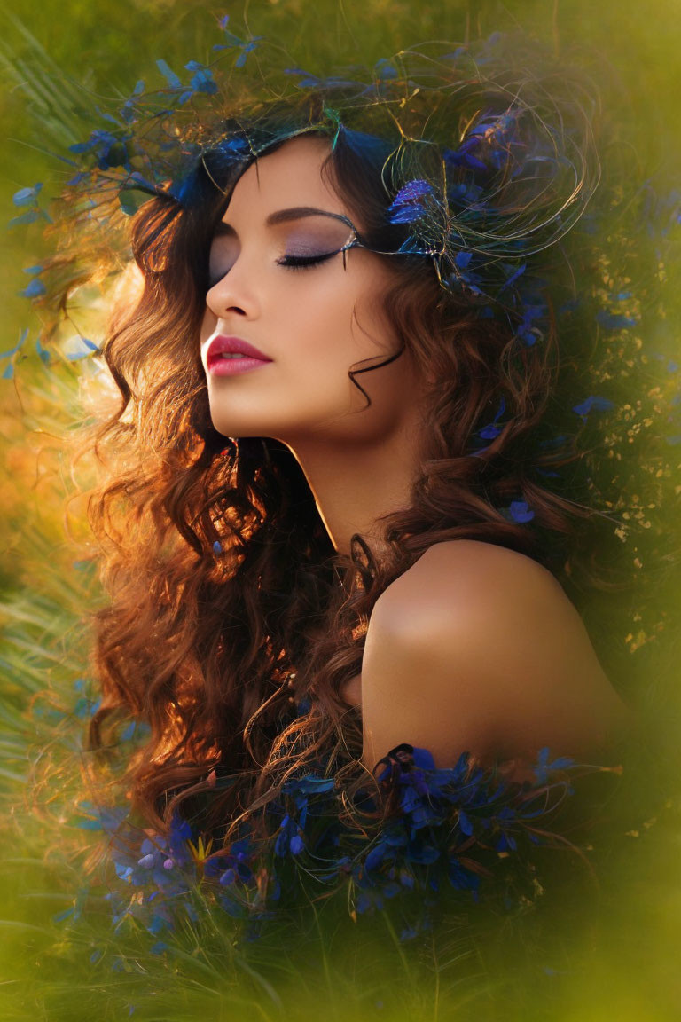 Curly-haired woman with blue flower wreath in sunlit field