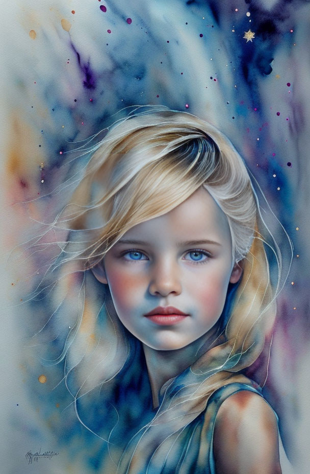 Young girl with blonde hair and blue eyes in digital painting.