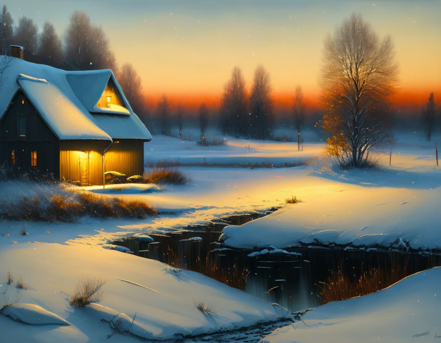 Snowy Twilight Scene: Cozy Cottage, Lit Windows, Frozen Stream