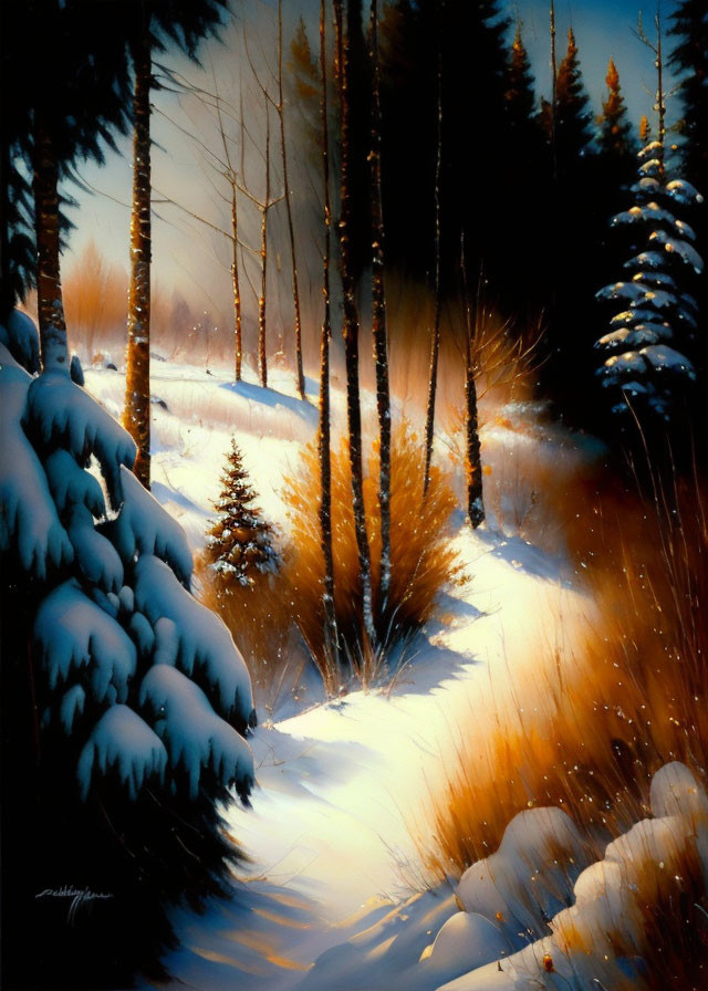 Snowy landscape with tall trees, clear path, and sunlight glow