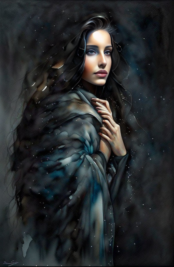 Dark-haired woman in starry cloak against dark backdrop