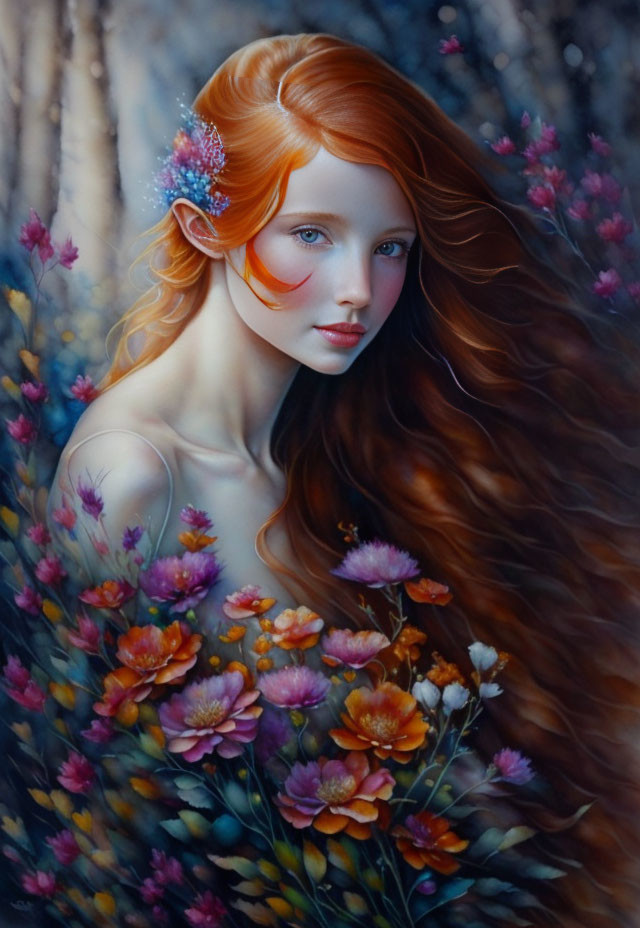 Woman with Long Red Hair Surrounded by Flowers