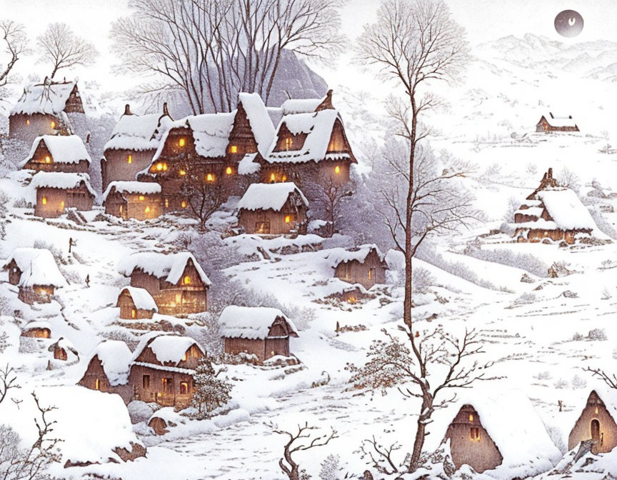 Snow-covered village with thatched cottages in serene winter landscape