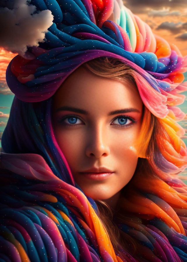 Vibrant rainbow-haired woman with colorful makeup under dramatic sky