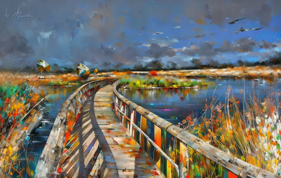 Colorful painting of a curved wooden footbridge over a serene river with vibrant flora and birds in the