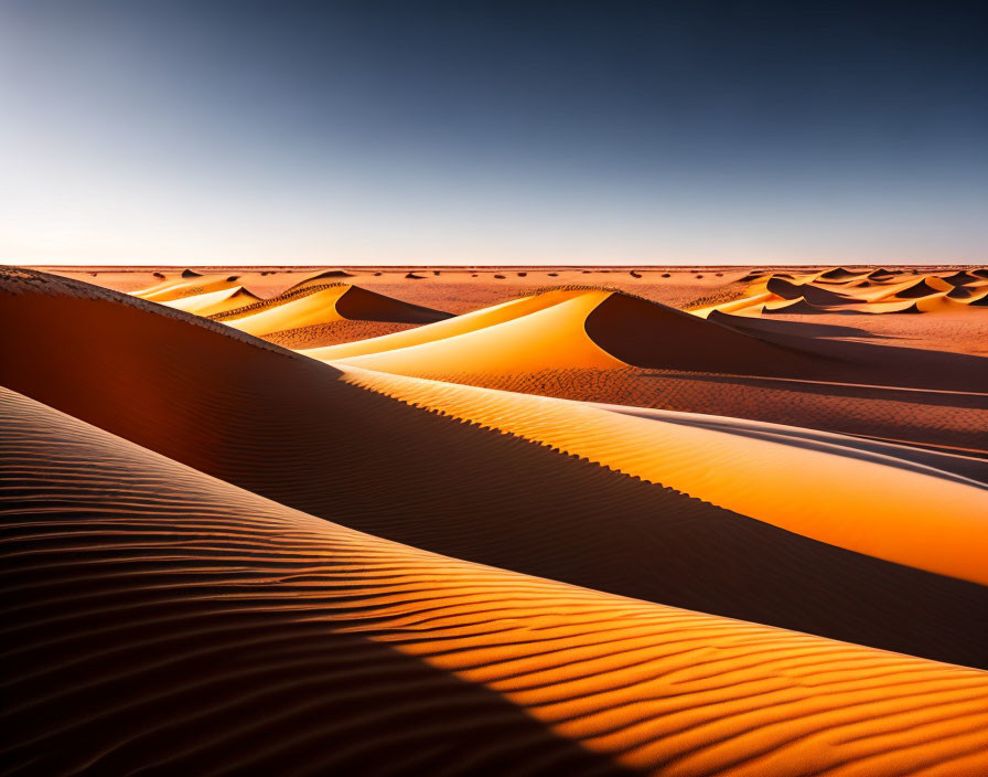 Sunset over golden sand dunes in a vast desert landscape