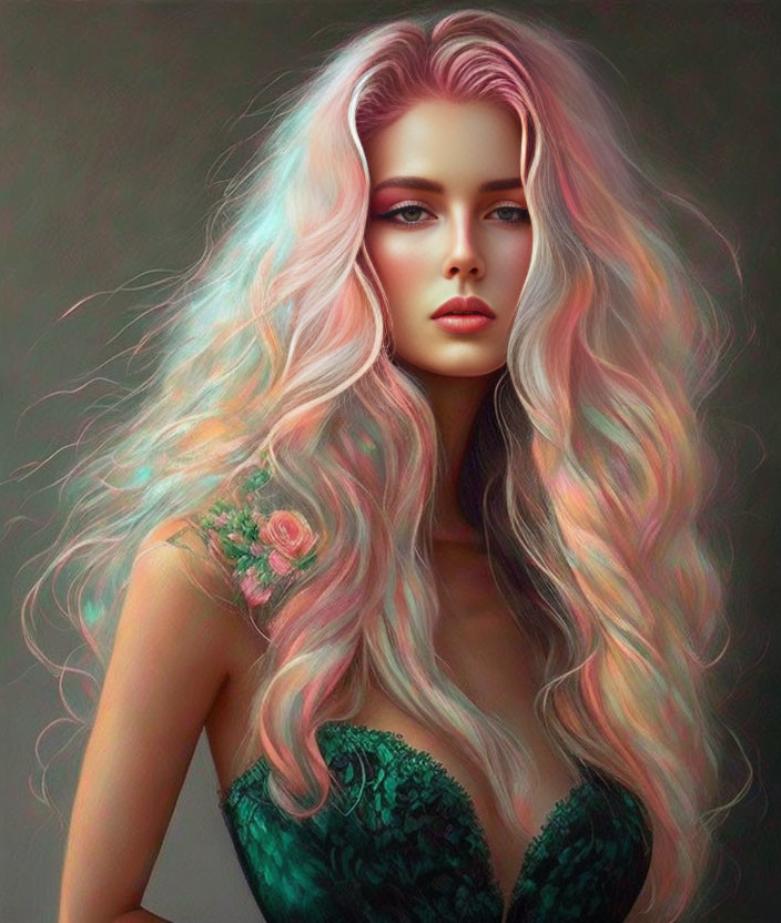 Portrait of woman with pastel wavy hair and green floral garment