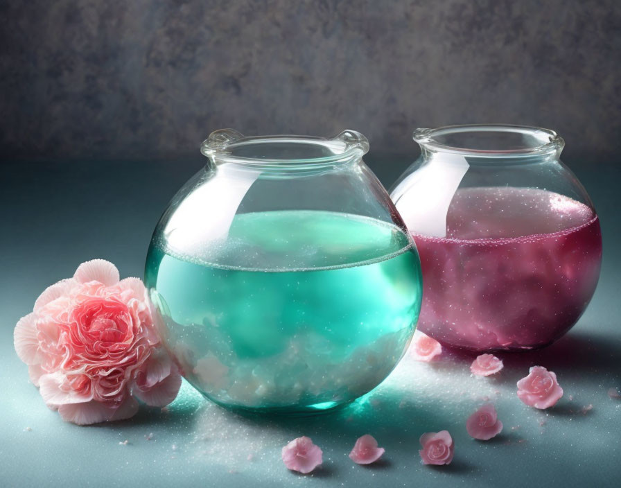 Round glass jars with green and pink liquids, pink carnation, and scattered petals.