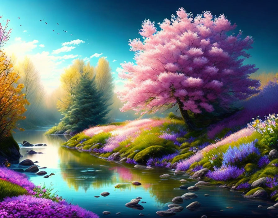 Colorful Cherry Blossom Tree Landscape by River & Flowers