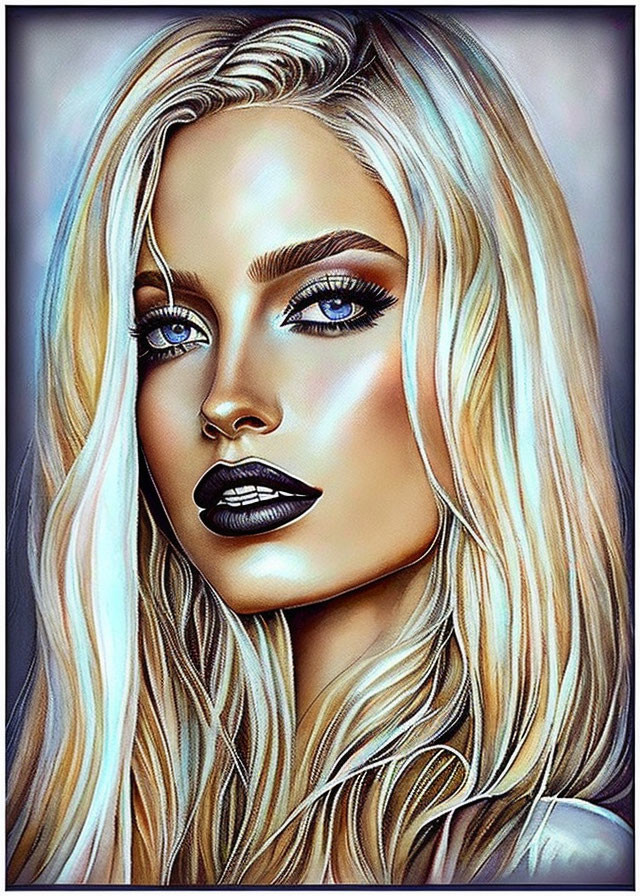 Blonde woman with blue eyes and dark lipstick in modern illustration