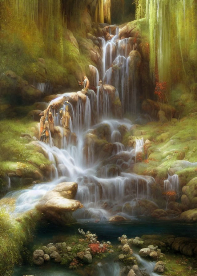 Tranquil forest waterfall with green foliage and sunlight