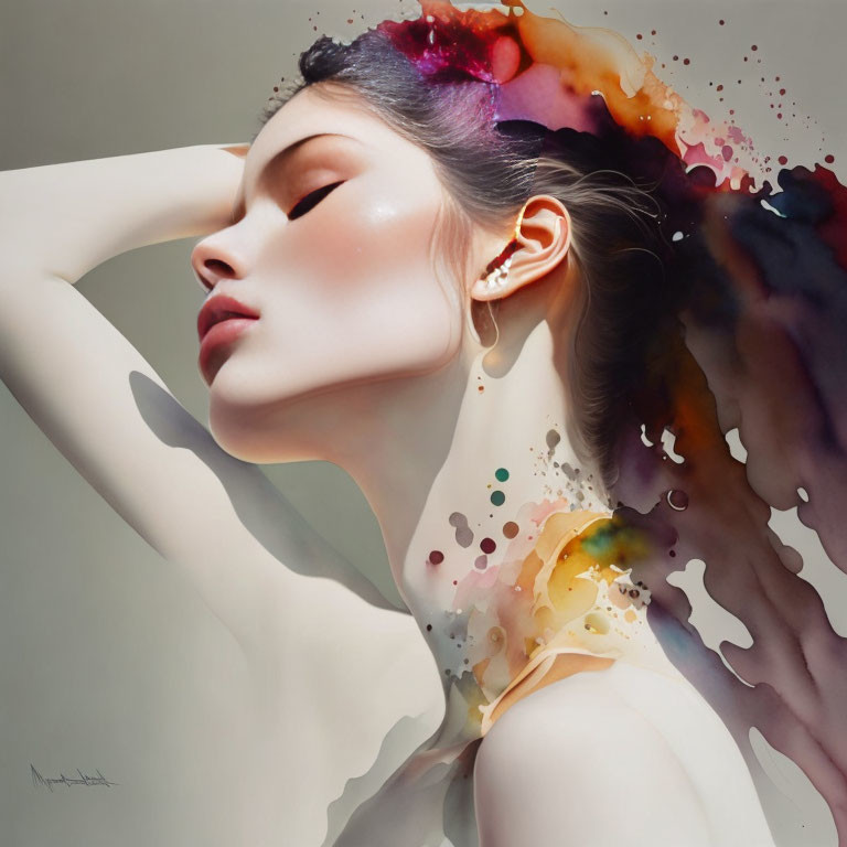 Colorful Watercolor Effect Portrait of Woman