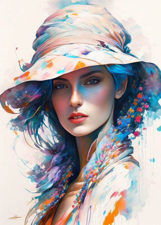 Colorful painting of a woman with blue eyes in floral hat and garment