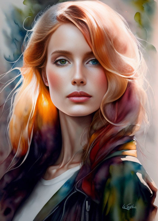 Digital artwork of woman with red hair, green eyes, and multicolored scarf in blurry forest.