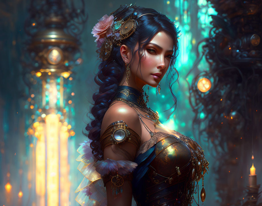 Steampunk-themed woman with ornate hairstyle and attire in front of glowing lanterns and mechanical details