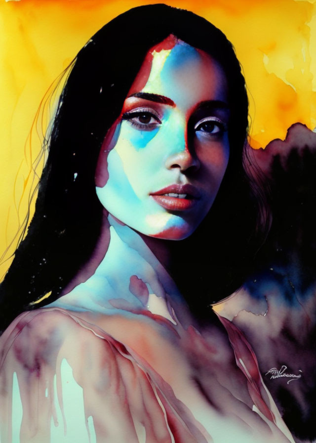 Vibrant watercolor portrait of woman on yellow-orange backdrop