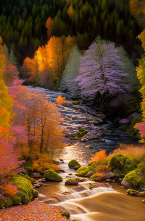 Tranquil river in vibrant autumnal landscape with colorful trees