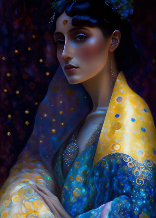 Dark-haired woman with leaf crown and vibrant shawl on starry backdrop