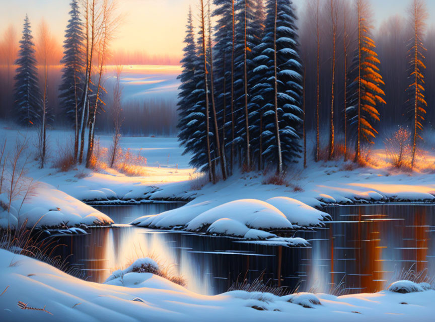 Snow-covered riverbanks and evergreen trees in serene winter setting.