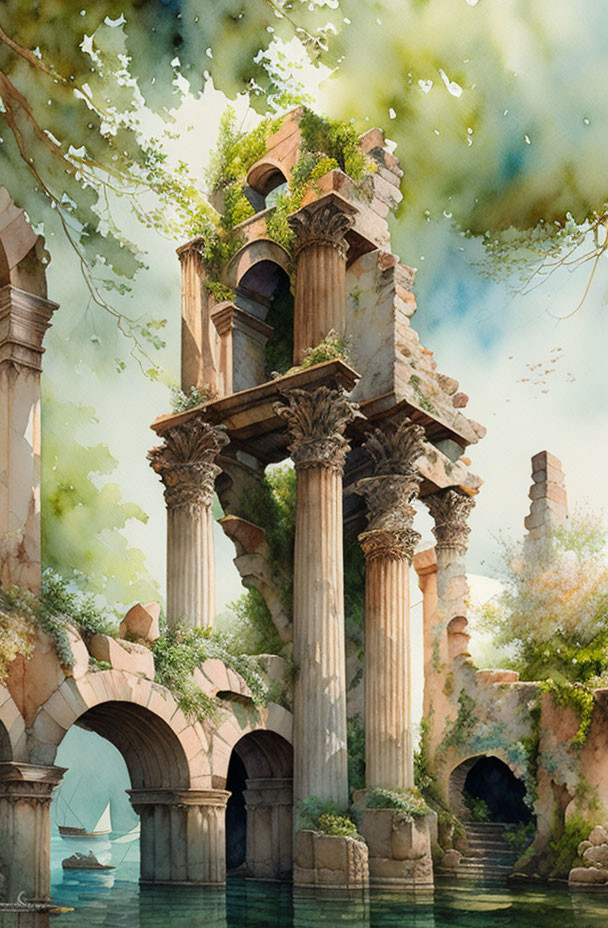 Ancient ruins with Corinthian columns in nature near water