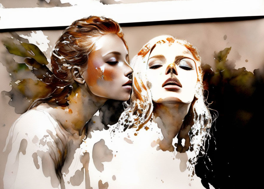 Stylized watercolor painting of two women with expressive brush strokes