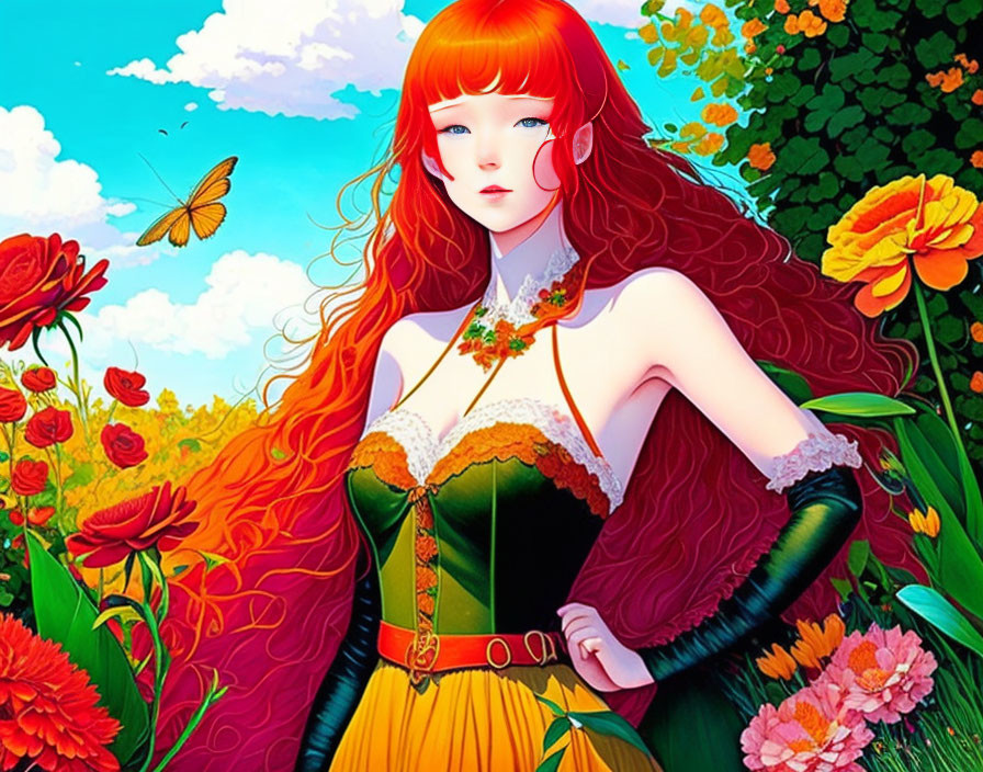 Illustrated red-haired woman in colorful dress in vibrant garden with flowers.