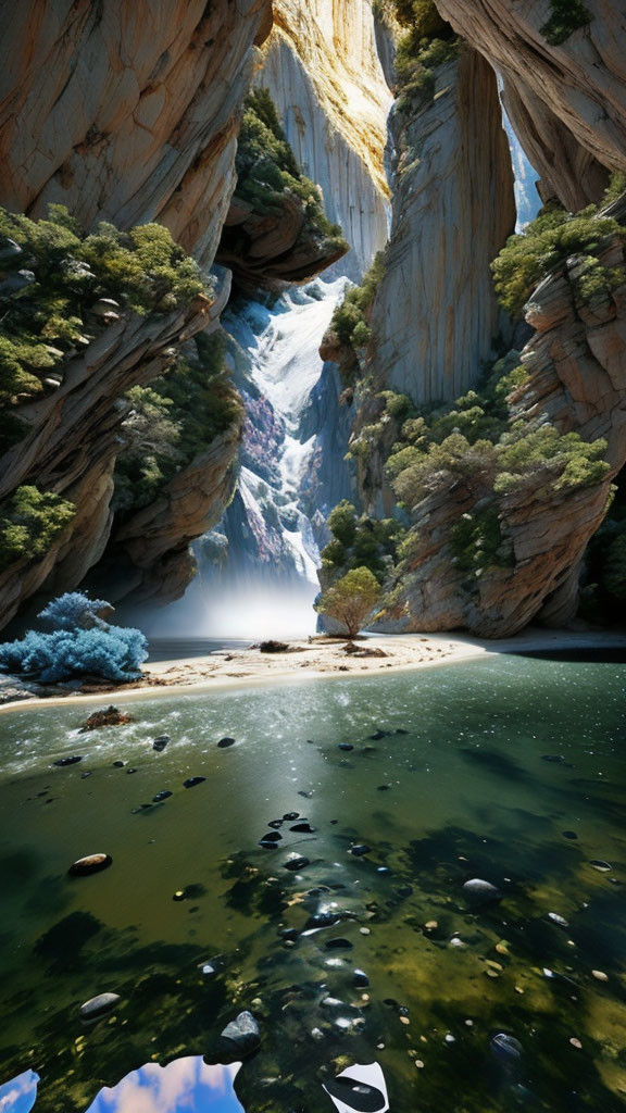 Majestic waterfall flowing into serene pool in canyon landscape