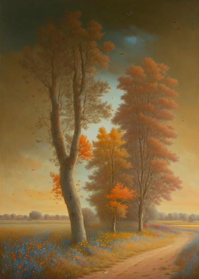 Tranquil autumn landscape painting with dirt path, tall trees, red and orange foliage, blue sky