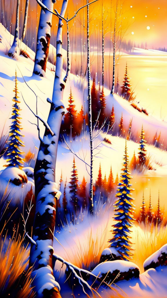 Winter landscape with birch trees, evergreens, and sunset glow