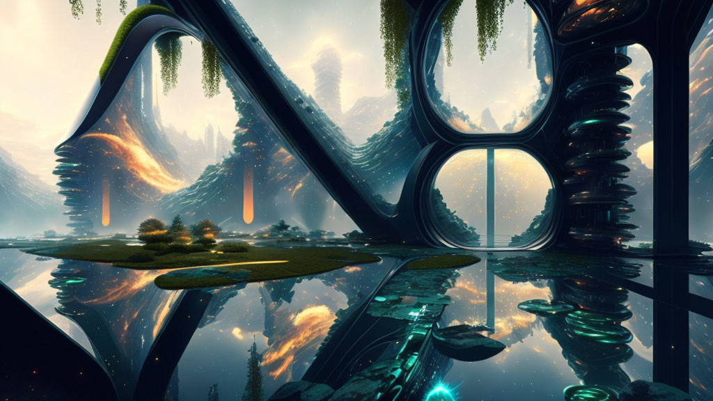 Futuristic landscape with organic and architectural elements and glowing orbs