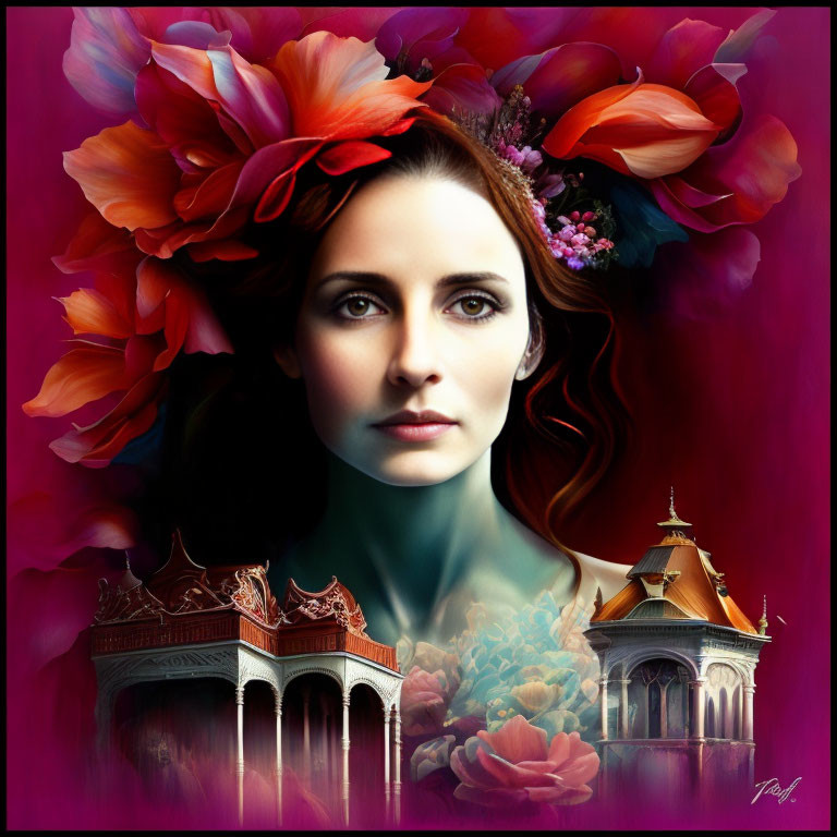 Digital Artwork: Woman with Bright Flowers in Ethereal Oriental Scene