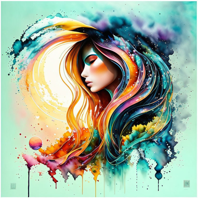 Vibrant abstract art: Woman with flowing, colorful hair on vivid backdrop