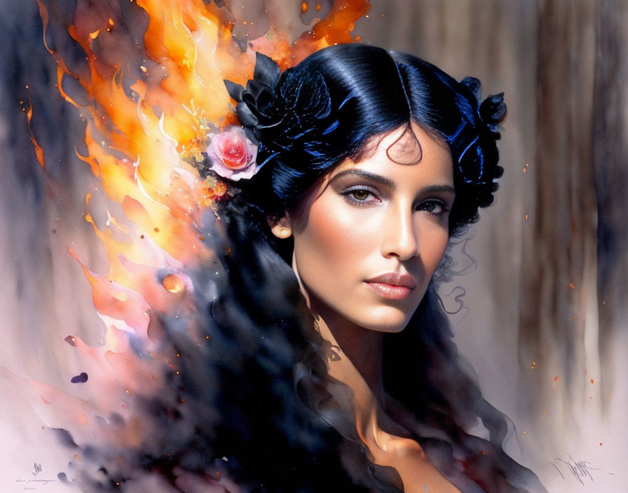 Dark-haired woman with flower adornments and fiery abstract background.