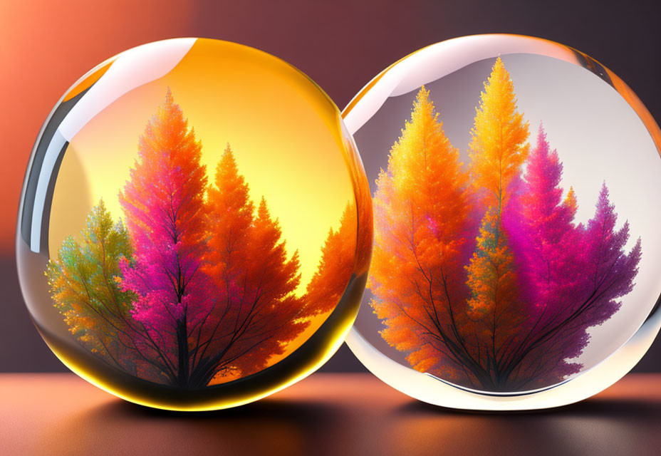 Autumn Tree Spherical Crystal Pair on Orange Gradient Background