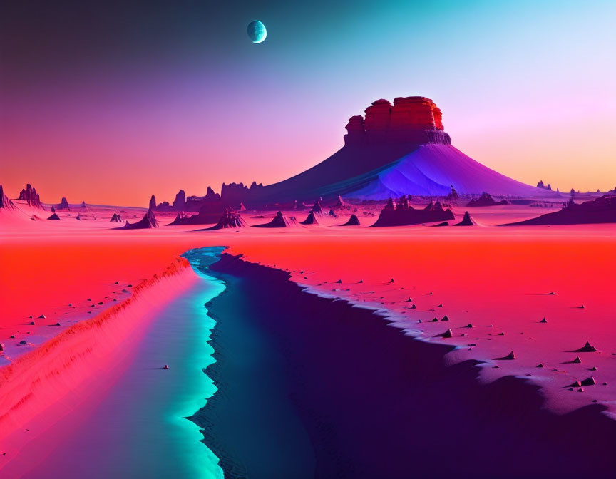 Colorful alien landscape: neon river, crescent moon, luminescent mountain