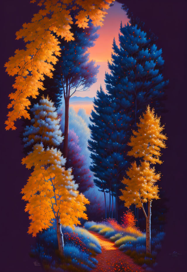 Forest Path Painting: Autumn Leaves and Evergreens under Twilight Sky