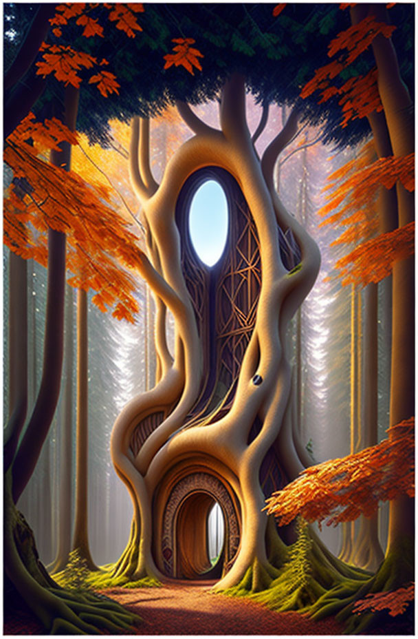 Autumn forest scene with fantastical treehouse door