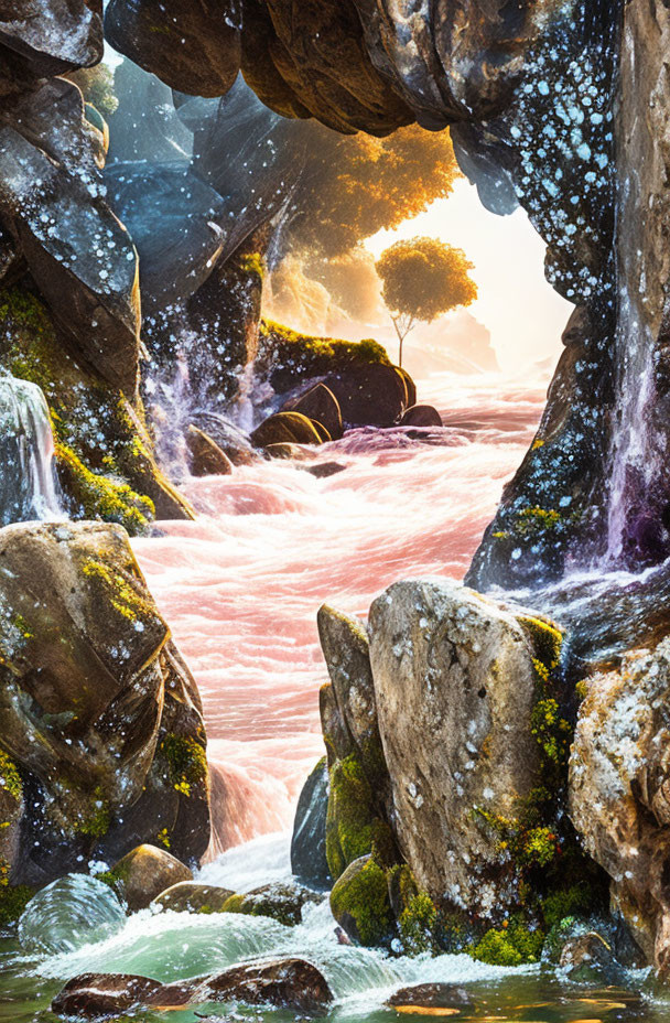 Pink Waterfall Cascades Through Mossy Rocks Under Sunlit Archway