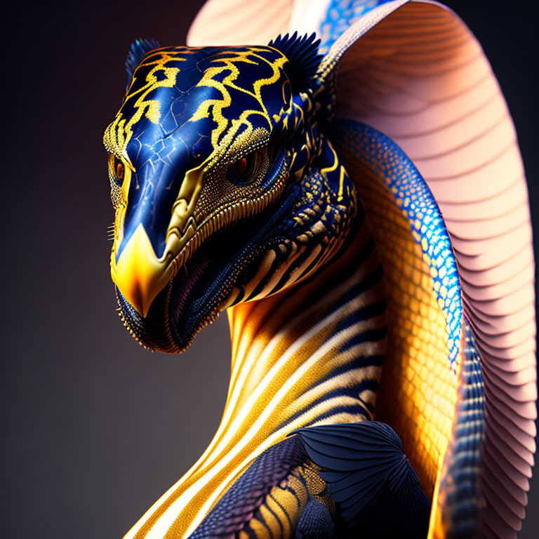 Detailed Dragon Illustration: Blue & Gold Scales, Pink Wings