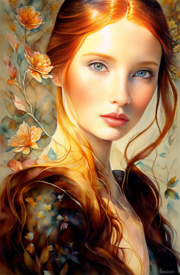 Portrait of Woman with Red Hair and Flowers in Warm Autumn Colors