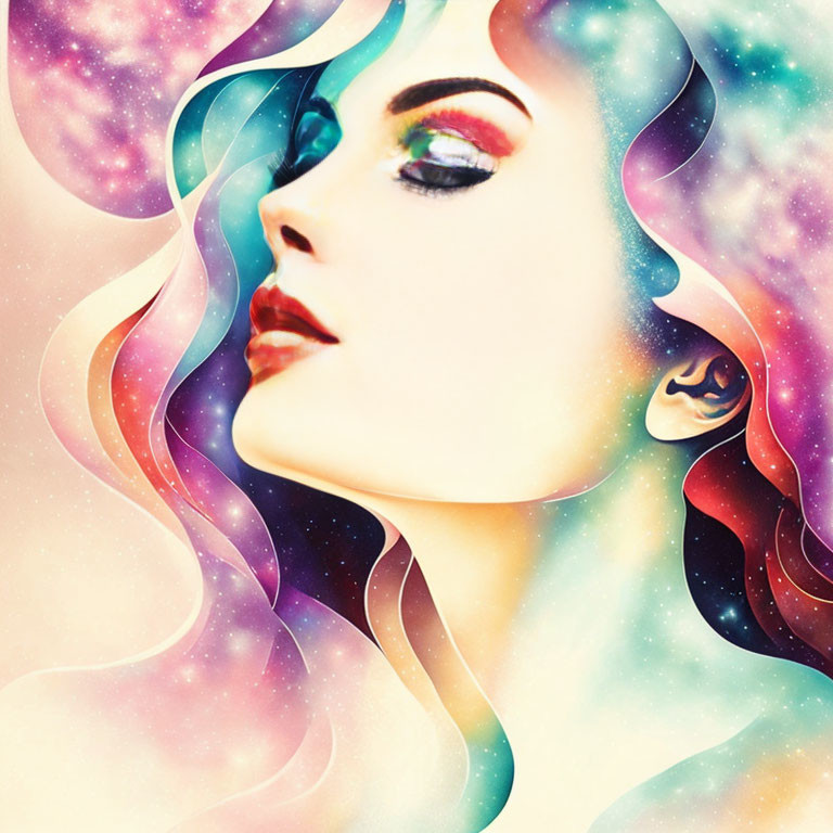 Colorful digital portrait of a woman with cosmic hair and bold makeup