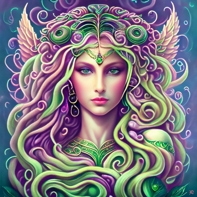 Digital portrait of woman with peacock feather hair and jewels on mystical purple-green background.