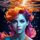 Colorful digital artwork: Woman with multicolored hair in cosmic background