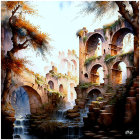 Tranquil stream flows through ancient stone ruins in autumn