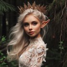 Fantasy Elf Queen with Sparkling Crown in Mystical Forest